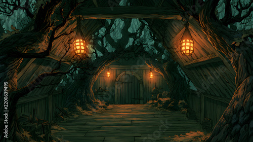 Halloween wallpaper, dark forest path lit by lanterns in a creepy old attic, haunting orange glow, eerie green and black palette, hand-drawn spooky storybook style, rich moody textures