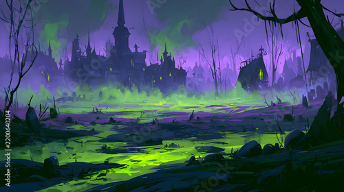 Halloween wallpaper, dark swamp with glowing fog in an old haunted town, dark and haunting feel, purple and green color palette, gothic illustration style, dramatic shadow contrast