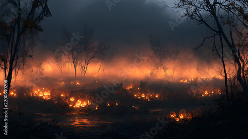 Halloween wallpaper, dark swamp with glowing fog in a glowing jack-o-lantern field, dark and haunting feel, orange and black color palette, gothic illustration style, ultra detailed