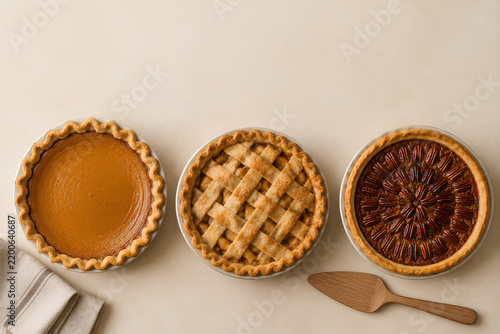 Rustic Thanksgiving dessert trio with pie crusts and wooden spoon on neutral background