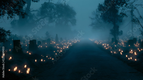 Halloween wallpaper, foggy cemetery with floating candles along a dark country road, soft eerie green mist, midnight blue and silver palette, vintage horror poster style, deep atmospheric lighting