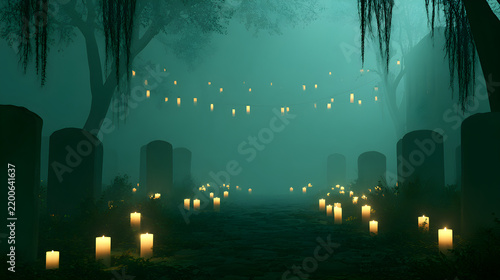 Halloween wallpaper, foggy cemetery with floating candles in a shadowy back alley, soft eerie green mist, eerie green and black palette, 3D render style, ultra detailed