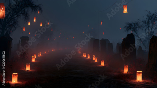 Halloween wallpaper, foggy cemetery with floating candles along a dark country road, dark and haunting feel, rustic burnt orange and black palette, gothic illustration style, rich moody textures