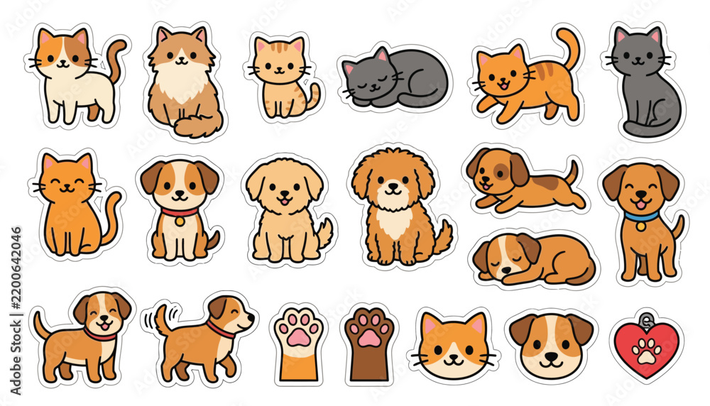 Obraz premium A collection of cartoon cats and dogs in various poses forms a colorful vector illustration puppies kittens felines canines