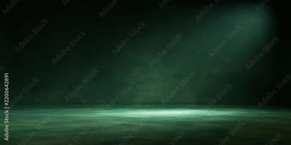 Obraz premium A dramatic spotlight illuminates a smoky, atmospheric room, casting ethereal green hues and creating a sense of mystery and anticipation.