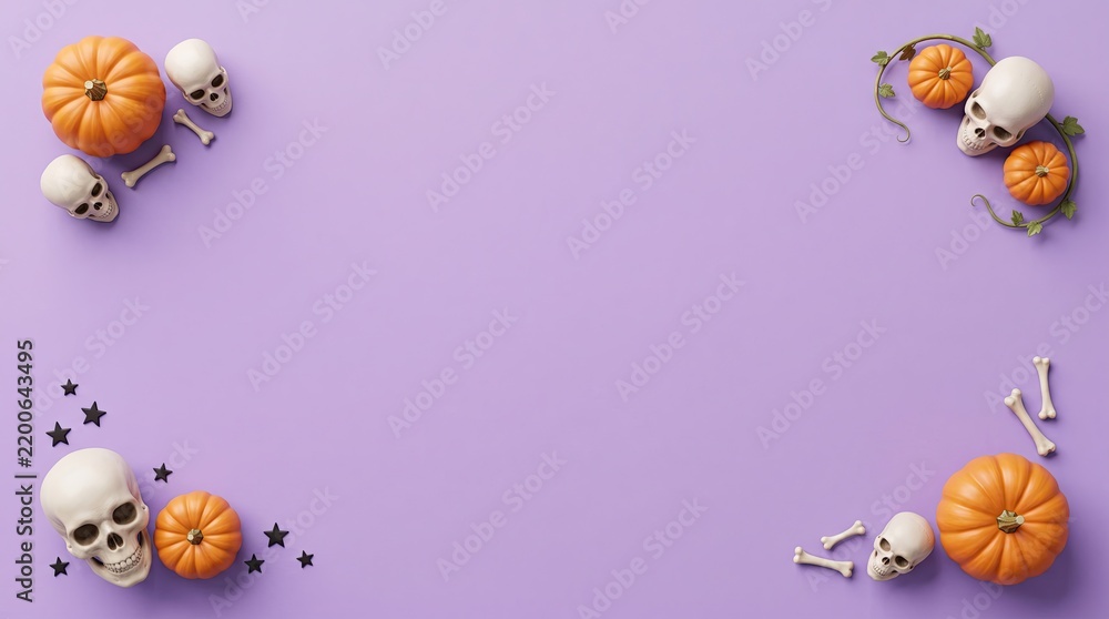 Fototapeta premium Halloween border with pumpkins and skulls on a purple background
