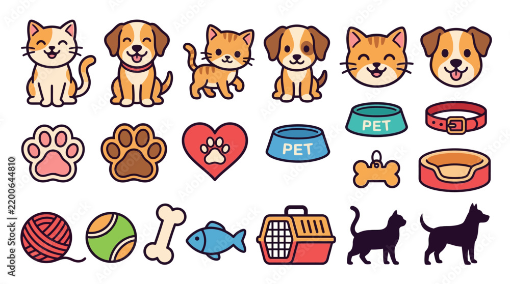 Obraz premium A collection of colorful vector pet icons depicts cats dogs accessories and related items animalcare canine cartoon cat collar