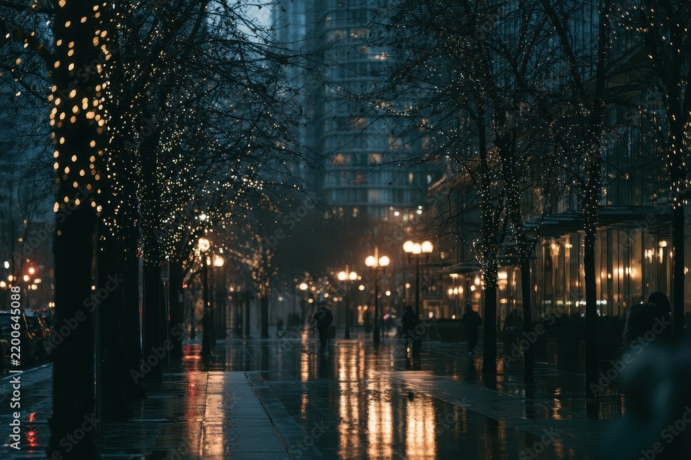 Fototapeta premium Evening Scene: Trees Wrapped in Lights Along a Sleek City Road