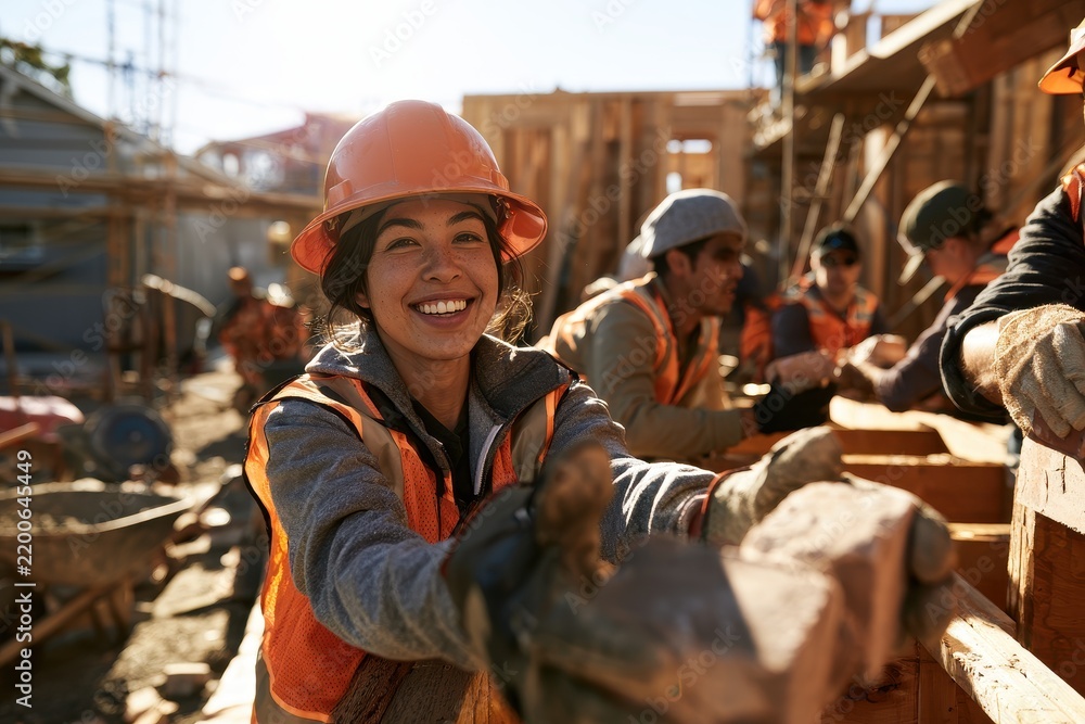 Obraz premium Female volunteer building a house at a sunny construction site, teamwork in action
