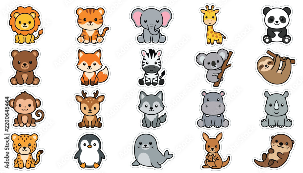 Fototapeta premium A collection of colorful cartoon animal stickers features a lion tiger elephant and other wildlife wildlife mammal fauna illustration