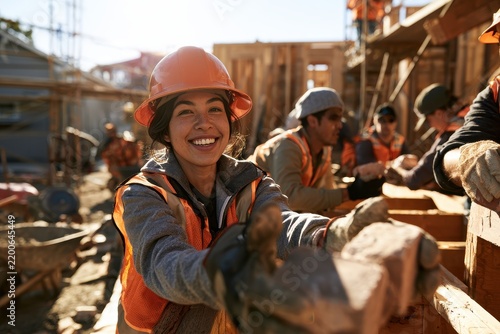 Female volunteer building a house at a sunny construction site, teamwork in action