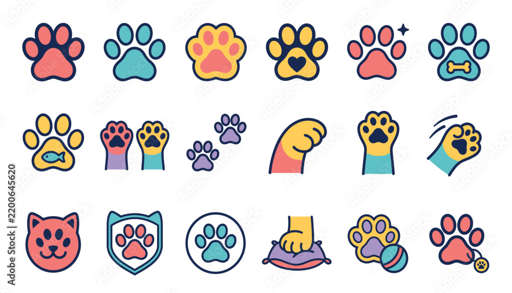 Fototapeta premium Colorful feline paw prints and cat head icons are displayed on a white background pawprint catpaw animaltrack footprint petpaw