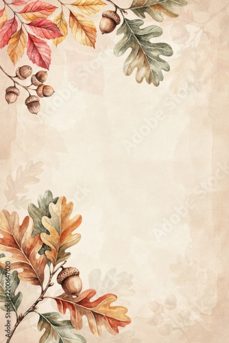 Watercolor autumn border with oak leaves and acorns on beige background
