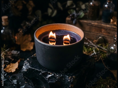 Candle with Double Wooden Wicks Burning in a Matte Black Ceramic Bowl on Dark Stone Surrounded by Rustic Apothecary Bottles and Autumn Leaves for Cozy Home Decor and Aromatherapy Branding