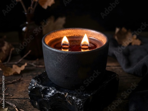Candle with Two Burning Wooden Wicks in Dark Ceramic Jar Placed on Rough Black Stone for Cozy Home Aromatherapy Spa Relaxation Autumn Decor and Dark Moody Interior Background Ambiance