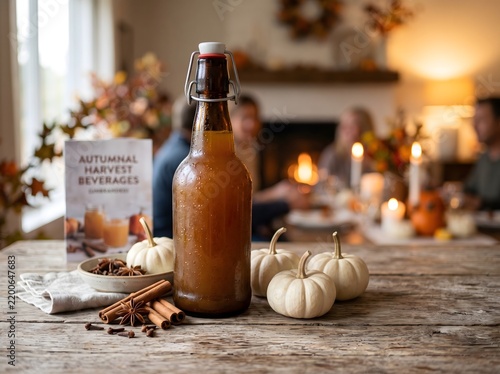 Cider Swing Top Glass Bottle with Mini White Pumpkins Cinnamon Sticks and Star Anise on Rustic Wooden Table for Autumn Harvest Holiday Beverage Menu Promotion Background