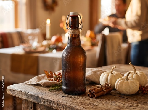 Cider Amber Glass Bottle with Condensation and Swing Top Cap on Rustic Wooden Table Decorated with White Pumpkins and Cinnamon for Cozy Autumn Thanksgiving Holiday Dinner Party Celebration