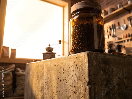 Coffee Beans Stored Inside an Amber Glass Jar on a Rough Concrete Counter in a Sunlit Artisanal Cafe Interior Ideal for Coffee Shop Branding Cafe Menus and Specialty Beverage Marketing Concepts
