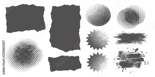 Set of black torn paper scraps and grungy halftone dot shapes for creative graphic design and texture art
