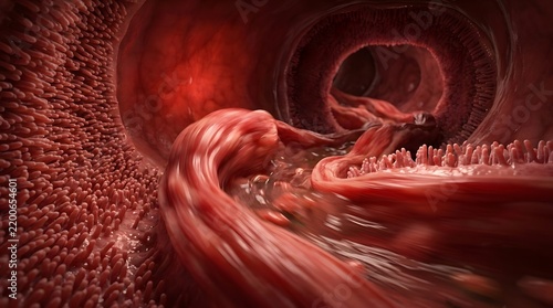 3D Medical Illustration of Human Intestinal Interior with Villi and Muscle Tissue.