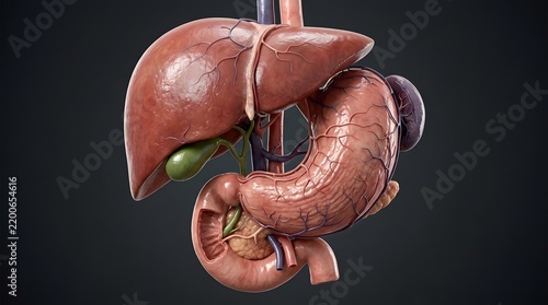 Digital illustration of human liver stomach and digestive organs anatomy on dark background.