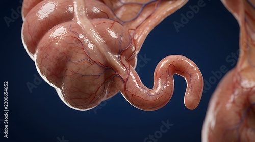 3D rendering of the human appendix attached to the cecum.