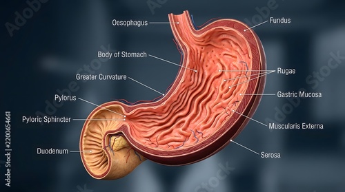 detailed anatomical cross-section diagram of the human stomach highlighting internal structures.