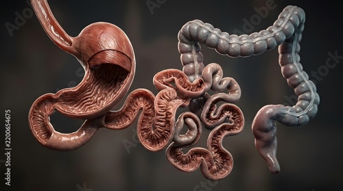 3D rendering of the human digestive system including stomach and intestines.