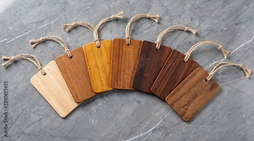 A collection of various wooden material samples showing different wood grain textures and stains with twine strings arranged in a fan shape on a grey marble background for interior design use.