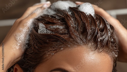 Woman scrubbing her hair with shampoo and foam in a bathroom for a refreshing cleansing experience