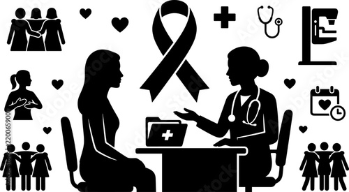 Silhouette vector illustration of a woman patient consulting a doctor about breast cancer screening, healthcare concept