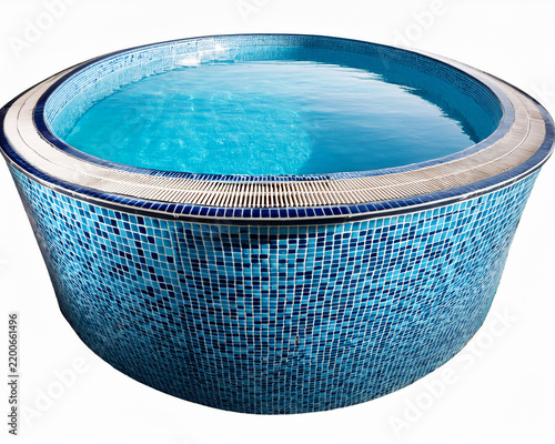 A round swimming pool with blue mosaic tiles and clear water isolated on a clean white background