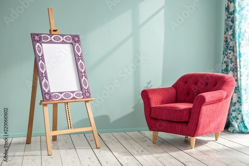 A Brightly Lit Minimalist Interior Scene Featuring An Empty Decorative Picture Frame