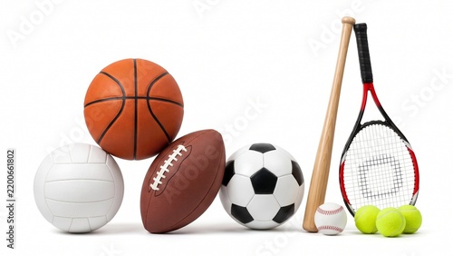 Assorted professional sports equipment featuring balls and bats arranged neatly isolated on white background