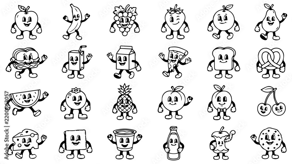 Obraz premium Set of cute hand drawn food characters with funny faces and arms on a simple sketch style