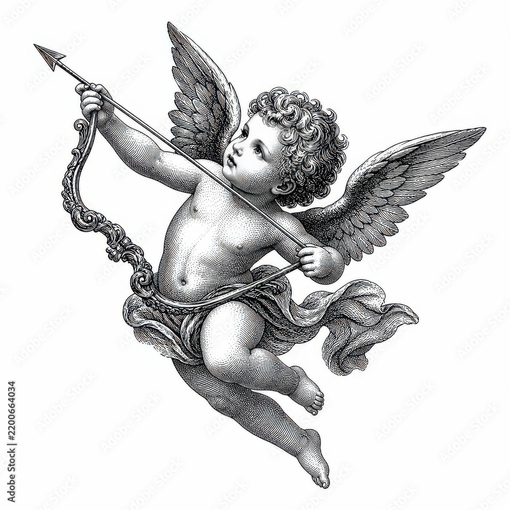 Fototapeta premium Vintage cherub cupid illustration with ornate bow and arrow
