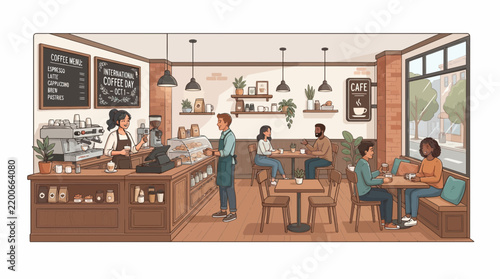 Cozy Coffee Shop Interior Illustration with Baristas and Customers in a Warm Modern Cafe Setting