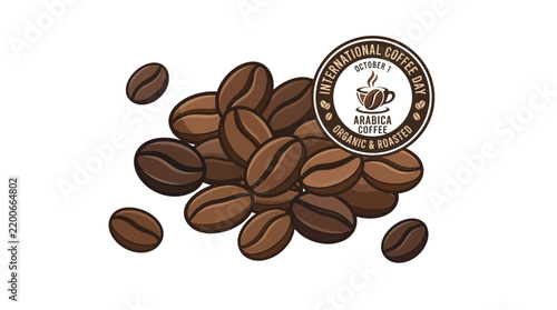 Vector Illustration of Roasted Arabica Coffee Beans with International Coffee Day Badge on White Background