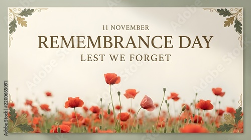 Remembrance day poppy field with the words lest we forget memorial tribute