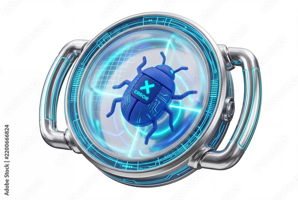 Obraz premium Icono 3D de insecto robótico en escáner de cristal representando depuración de errores de software