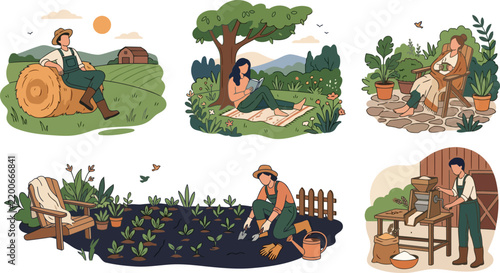 Rural Farming Life and Agricultural Activities Vector Illustration
