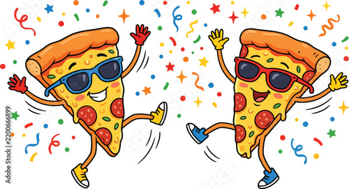 Cute Dancing Pizza Slices Party Character Vector Illustration
