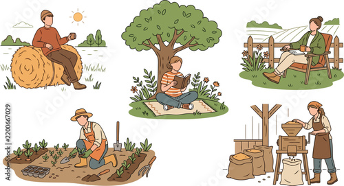 Rural Farming Life and Agricultural Activities Vector Illustration