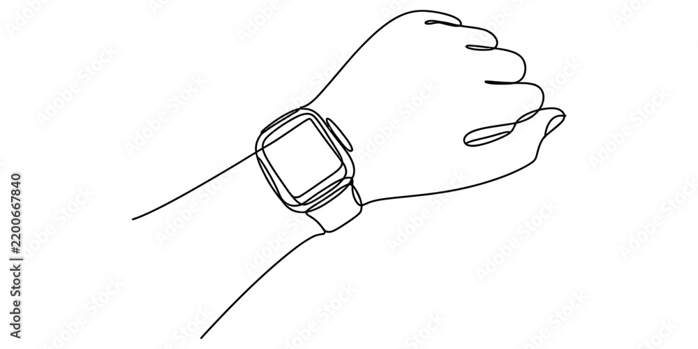 Obraz premium Close up wrist with wearable smart watch single continuous line art drawing depicting modern digital tech connectivity app.