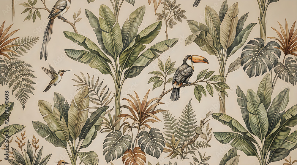 Fototapeta premium Seamless pattern with tropical toucan birds and green palm leaves on a light grey background