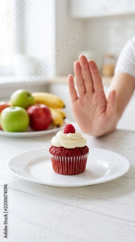 Person refusing unhealthy cupcake with hand gesture in front of healthy fruits on kitchen counter