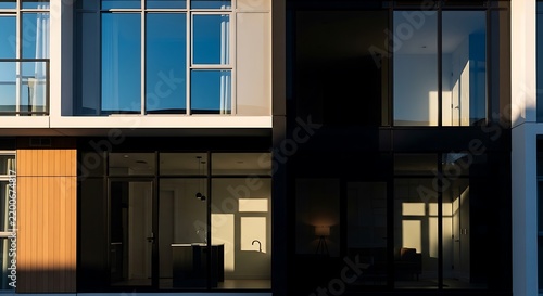 Modern residential building facade with geometric glass windows and wooden accents.