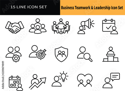 A 15 line icon set featuring business teamwork and leadership symbols