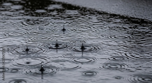Raindrops falling into a dark water puddle creating ripples.