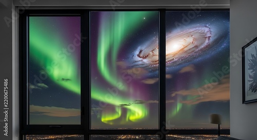 Stunning View of Aurora Borealis and Spiral Galaxy Through Modern Home Window.